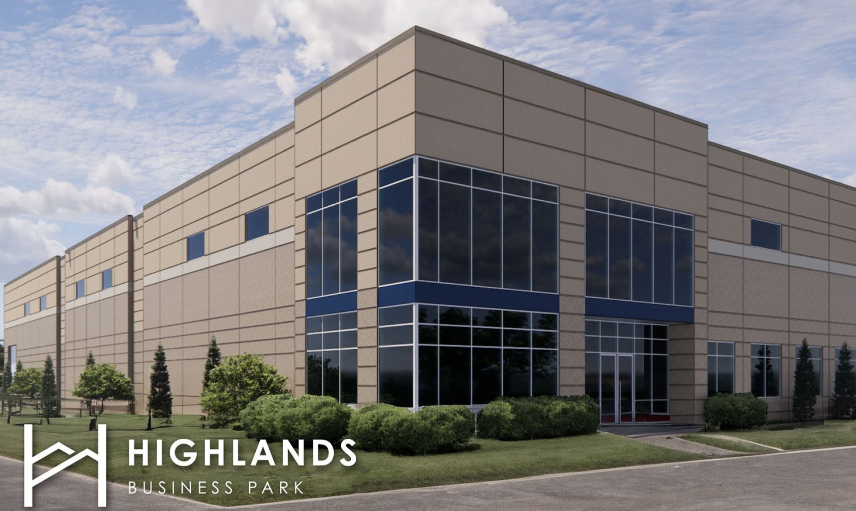 Highlands Business Park building exterior with large windows and landscaping, representing Wangard Partners' upcoming construction project in Sussex, Wisconsin.