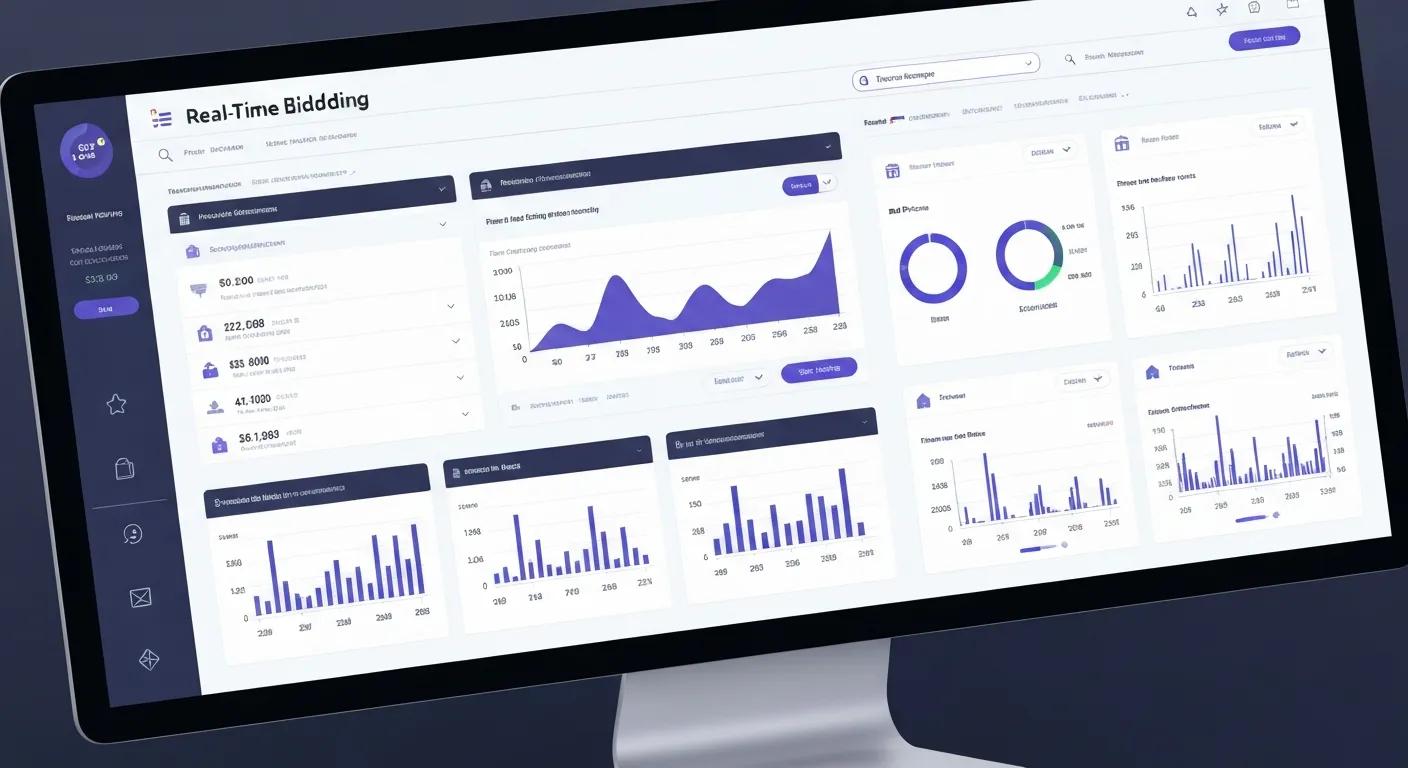 Dashboard displaying real-time bidding metrics and analytics for programmatic media buying, featuring graphs, charts, and data points relevant to ad performance and budget allocation.