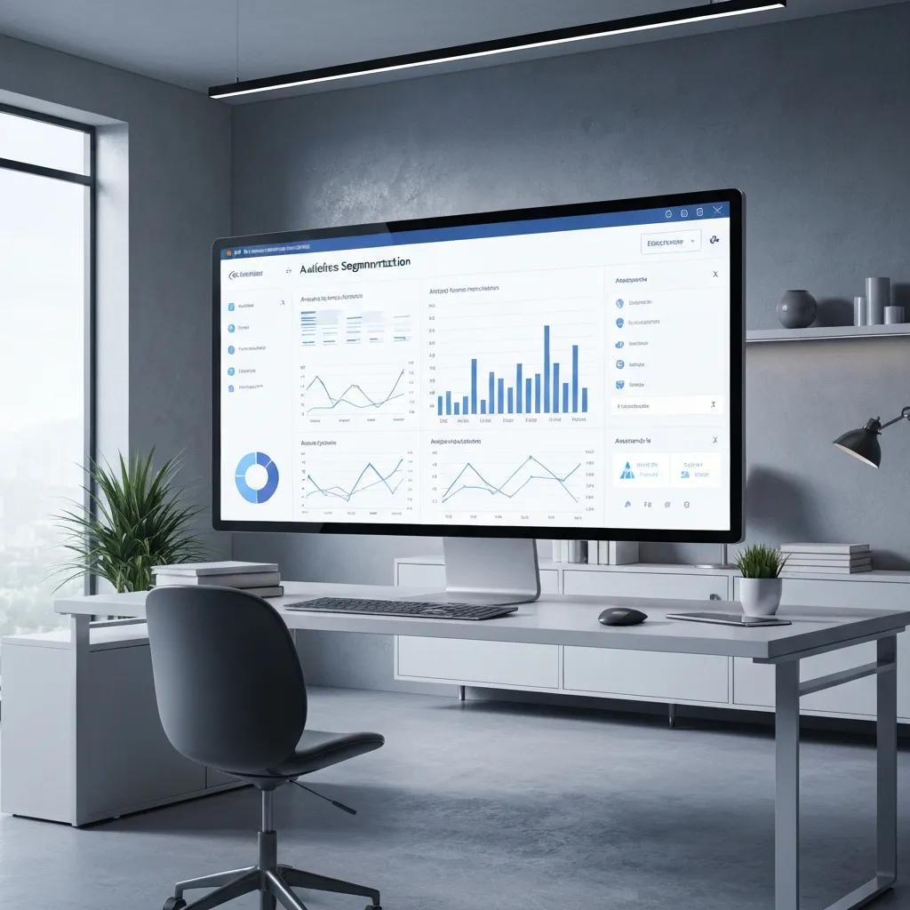 Digital dashboard displaying audience segmentation analytics in a modern workspace, featuring graphs and metrics for data-driven media buying strategies.