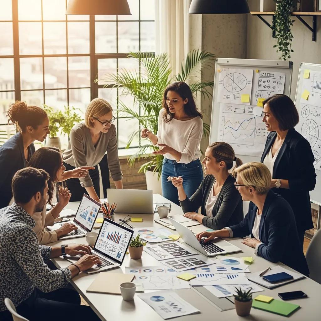 Diverse professionals collaborating on advertising strategies in a modern office