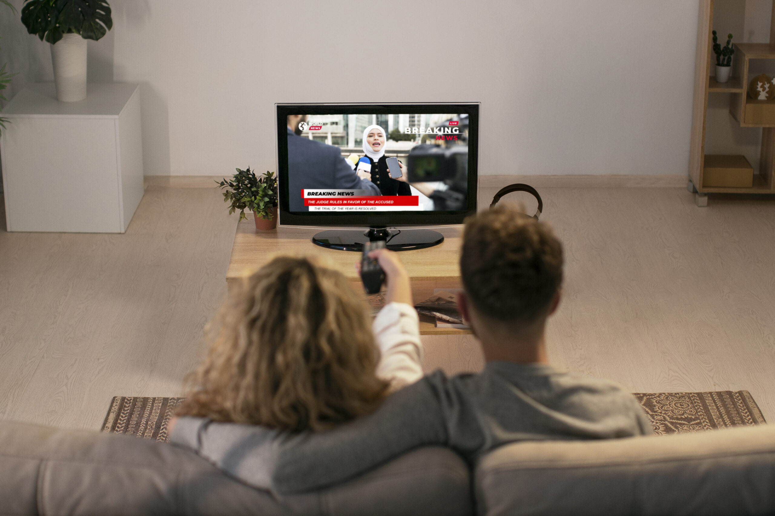 Couple watching news and clicking remote-Media Consumption