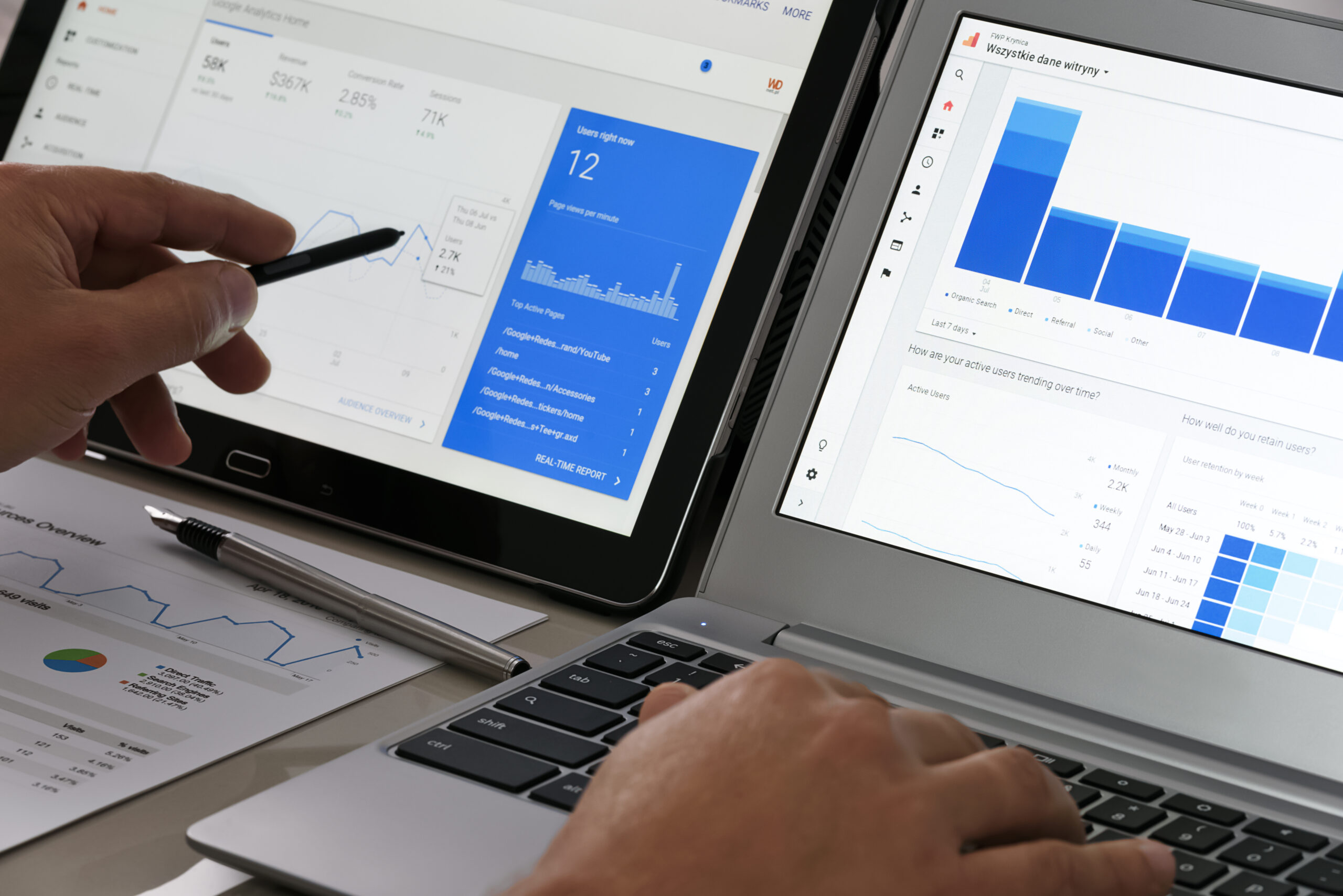 An image of Google Ads and Google Analytics on two computer screens-Data